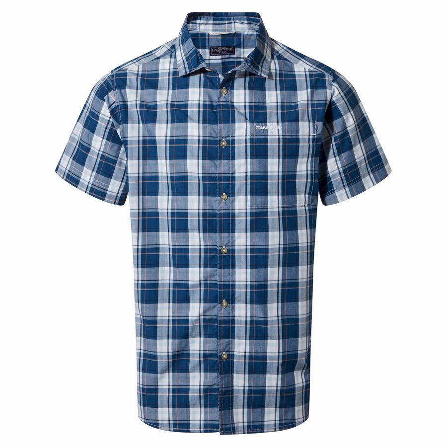 Men's Craghoppers Vernon Short Sleeved Shirts Navy Blue | EOU8335WE