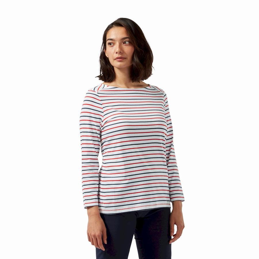 Women's Craghoppers Blanca 3/4 Sleeved Top T-Shirts Blue Navy Red Stripes | WPC5577OO